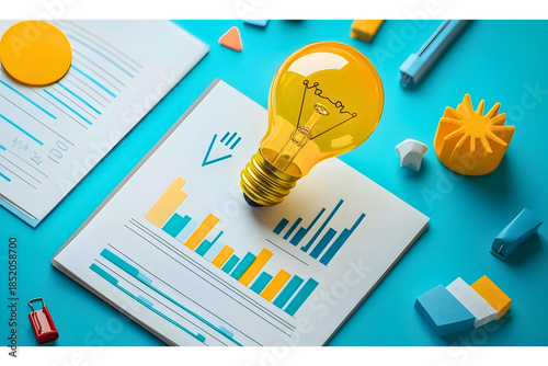 Data Charts and Light Bulb Idea Generation on Blue Background