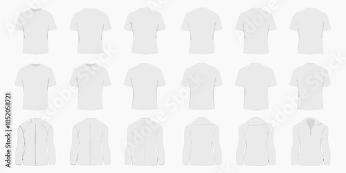 Collection of plain white t shirts and hoodies front and back views displayed