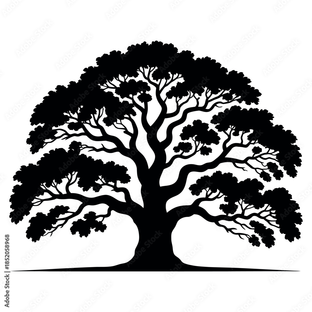 Fototapeta premium Silhouette Tree With Branches And Leaves Nature Symbolism Tree Silhouette With Dense Foliage Providing Shade And Shelter Symbol Of Life Growth