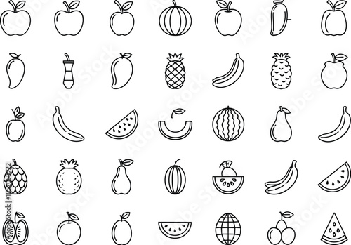 Variety of fresh fruit icons for healthy eating and nutrition concepts