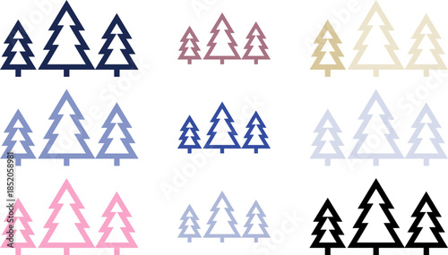 Colorful Christmas tree icons in various hues on black background