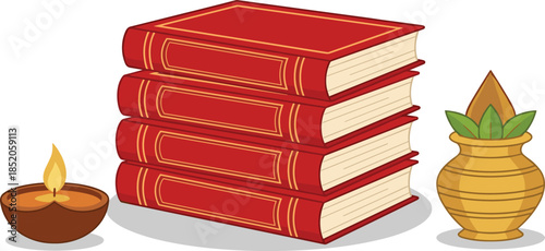 Stack of Holy Books with Diya Lamp and Kalash for Vasant Panchami, Saraswati Puja Festival, CAD Drawing Flat Vector Illustration Isolated Background