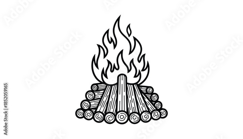 A black and white illustration of a campfire burning with flames