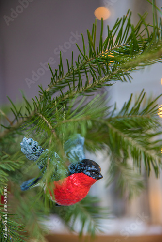 Spruce branches decorated with New Year and Christmas decorations