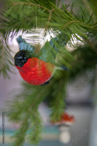 Spruce branches decorated with New Year and Christmas decorations
