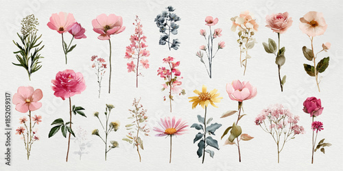 A collection of beautifully illustrated delicate flowers, including roses, peonies, and other blooms, arranged in a soft and elegant manner.