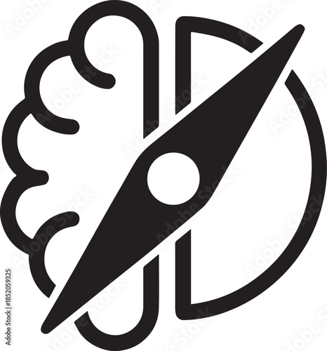 Brain combined with compass needle silhouette icon representing AI decision-making guidance