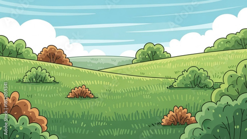 Cartoon landscape with rolling green hills bushes and a cloudy sky perfect for nature-themed illustrations and backgrounds
