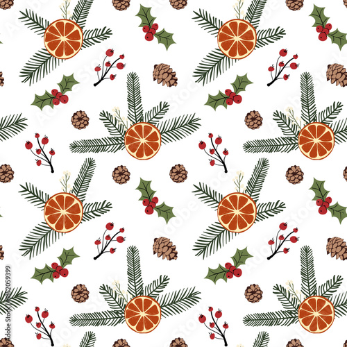 Festive seamless pattern with dried orange slices, pine branches, holly leaves and red berries. Perfect for Christmas packaging, holiday wrapping paper, fabric, scrapbooking, winter greeting cards