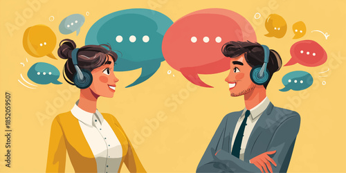  two individuals engaged in a conversation, each wearing headphones and surrounded by speech bubbles.