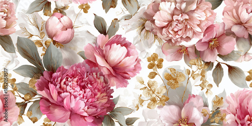 A beautiful and intricate floral pattern featuring vibrant pink peonies, delicate leaves, and small flowers set against a light background.