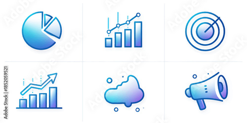 A collection of six icons representing various aspects of business and technology, including data visualization, cloud computing, and communication.