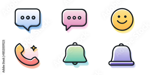 A collection of six colorful icons representing various communication and notification symbols.
