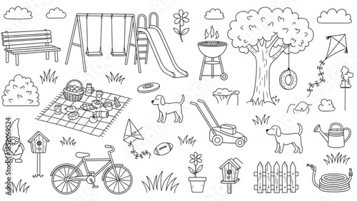 Doodle illustration of a summer backyard scene with picnic playground and garden elements perfect for childrens books and seasonal designs