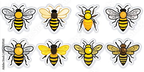A collection of eight different illustrated bees, each with unique designs and colors.