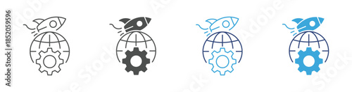 Global Startup Launch Icon Set, Business Expansion Icon, International Growth, Technology and Innovation Concept, Vector Illustration