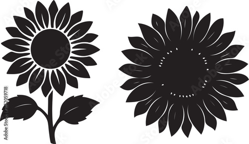 Sunflower silhouette vector icons. Two black floral designs featuring a blooming sunflower with stem and leaves, and a detailed flower head. Isolated on white for summer and garden branding
