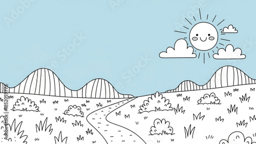 Doodle landscape with a smiling sun and rolling hills a winding path through grassy fields perfect for childrens illustrations and nature themes