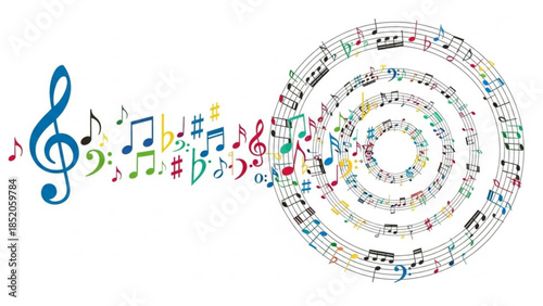 Colorful musical notes and symbols spiraling outwards from a treble clef representing music creation and sound isolated on white