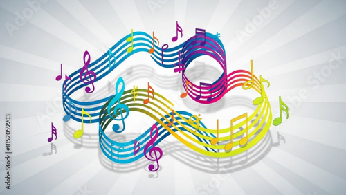 Colorful infinity symbol made of musical notes and staves representing endless music and creativity isolated on a bright background