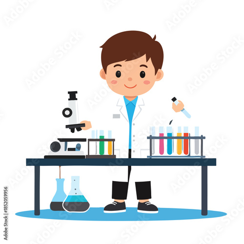 Boy in lab coat using microscope.