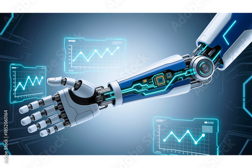 Futuristic Robotic Arm Analyzing Data in High-Tech Environment, Digital Illustration