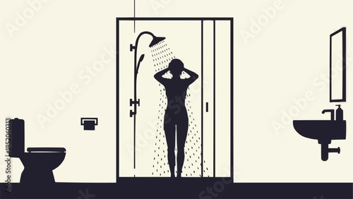 Silhouette of a Woman Taking a Shower in a Modern Bathroom.