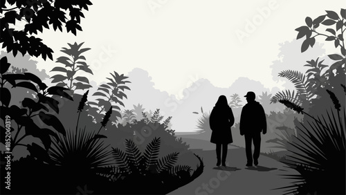 Couple Walking Together in a Misty Forest Path.