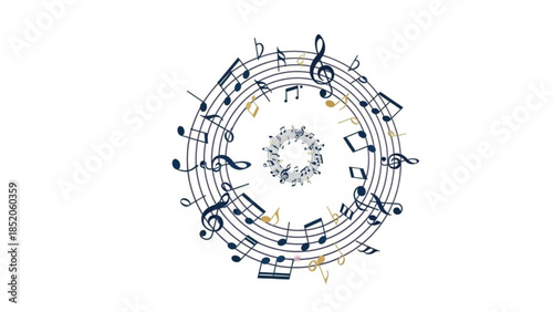 Circular arrangement of musical notes and clefs a dynamic vector illustration representing music and melody ideal for creative projects and artistic concepts