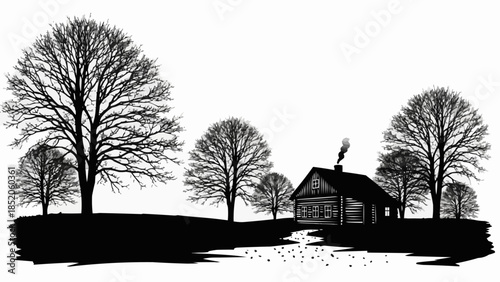 Rustic Wooden Cabin Surrounded by Bare Trees in Silhouette.