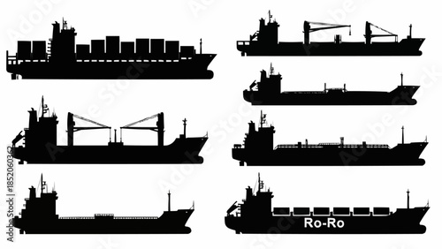 Collection of Silhouettes of Various Cargo Ships and Vessels.