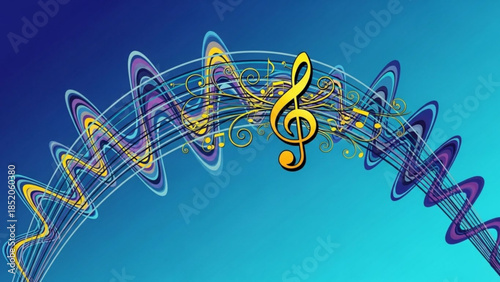Abstract music wave with treble clef and notes vibrant sound visualization for creative projects dynamic audio concept on blue gradient background
