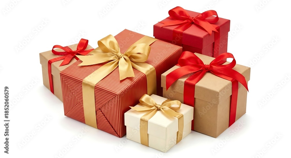 Fototapeta premium Assortment of Five Wrapped Gift Boxes with Ribbons on White Background present