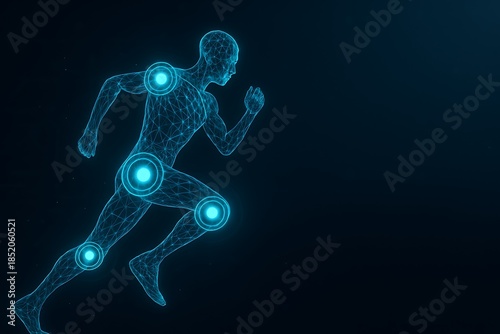 Blue wireframe human body running with glowing joints and connections