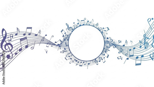 Abstract musical notes and clefs forming a circular frame a dynamic wave of melody for music concepts and design backgrounds isolated on white