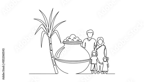 Family beside a large vase and palm tree in a serene setting
