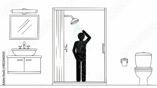 Man taking a shower in a modern bathroom.