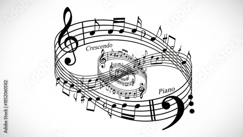 Abstract musical notation swirling into a vortex representing sound and harmony ideal for music education and creative concepts