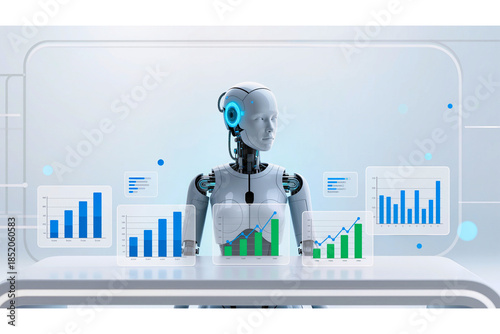 Business Intelligence, Robot, Modern Office, Digital Illustration, Futuristic Environment, Front View, AI Analytics