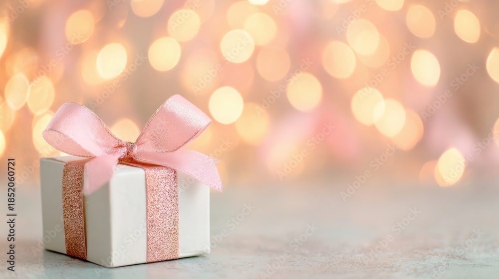 Fototapeta premium Gift box with pink ribbon on a table in front of blurred lights