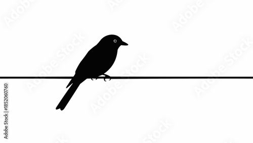 Silhouette of a small bird perched on a wire against a white background.