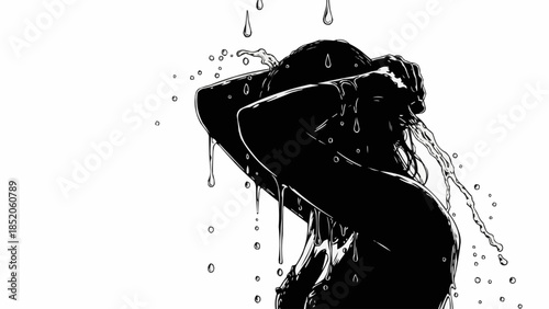 Silhouette of a person washing their hair under a shower.