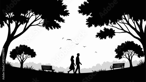 Silhouette of a couple walking in a park.