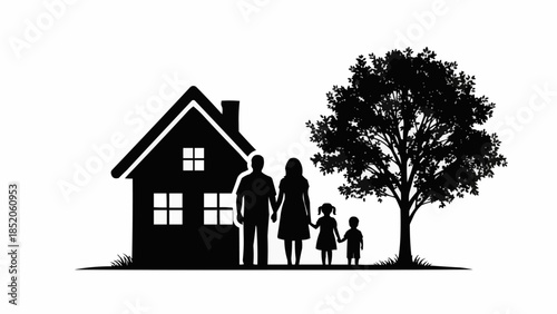 Silhouette of a family standing in front of their home with a tree.