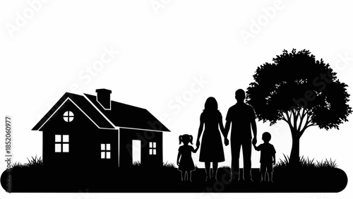 Silhouette of a Family Standing in Front of a House with a Tree.