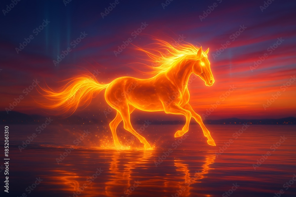 Fototapeta premium Ethereal glowing horse running through a mystical forest landscape at night.