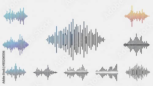 Collection of abstract sound wave visualizations representing audio spectrum and music equalizer in a modern flat design style for digital media