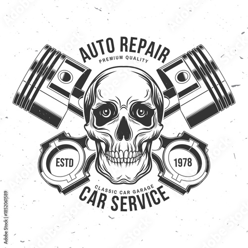 Auto service logo, emblems, badges and icons. Vector. For expert service car repair center, restoration and car club with skull, automobile tools pistons silhouette