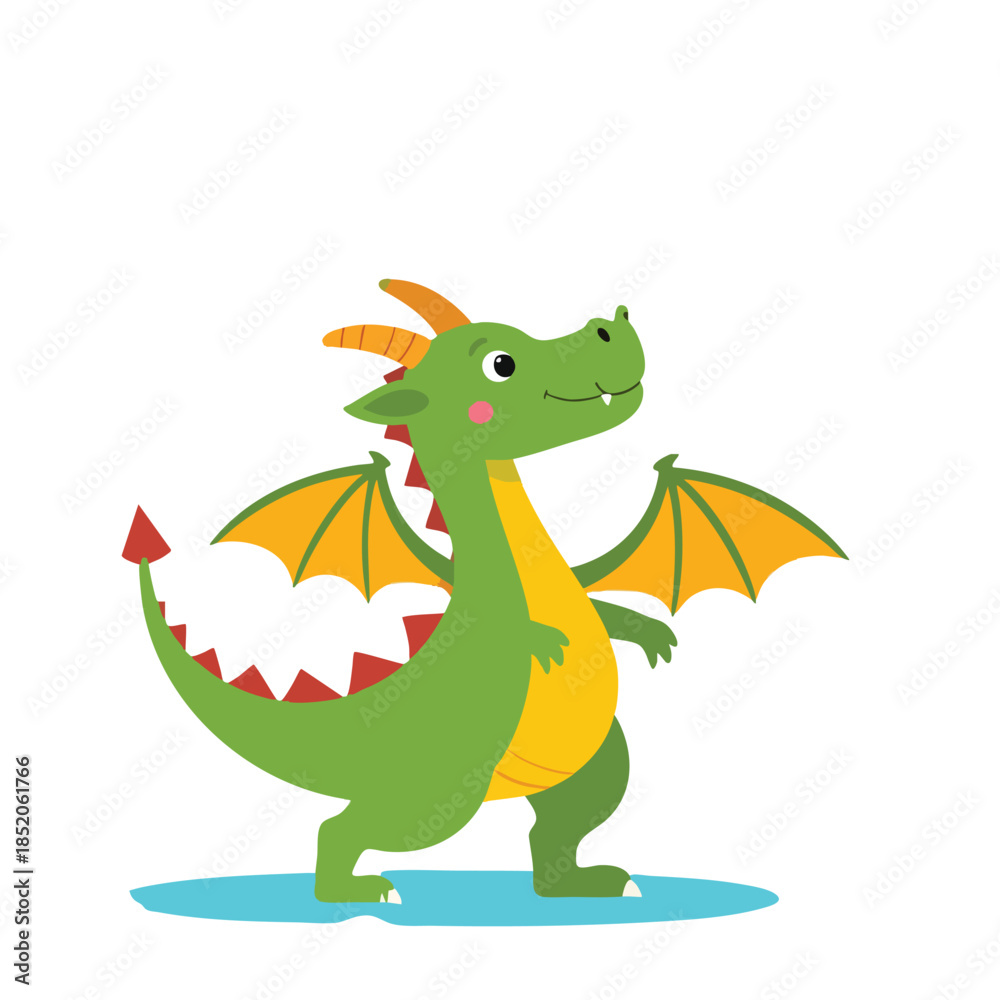 Fototapeta premium Smiling green cartoon dragon standing.