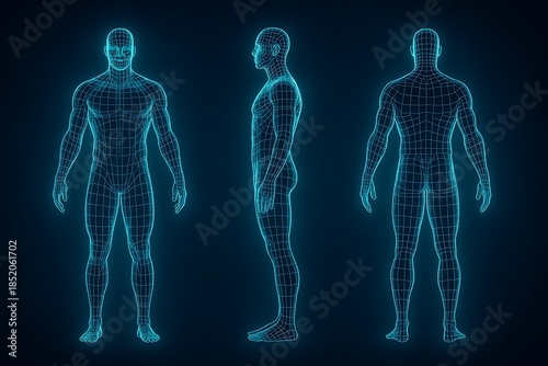 Full body wireframe scan of human male from front side and back view